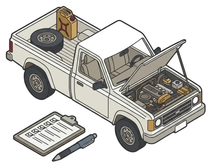 A pickup with its bonnet open and the engine exposed, beside a clipboard on the ground with every box ticked