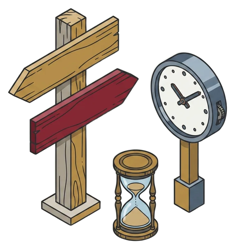 A signpost with two boards pointing opposite ways, beside a standing clock and an hourglass nearly run through