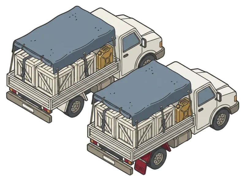Two identical flatbed trucks side by side, each carrying the same three crates under a tarpaulin