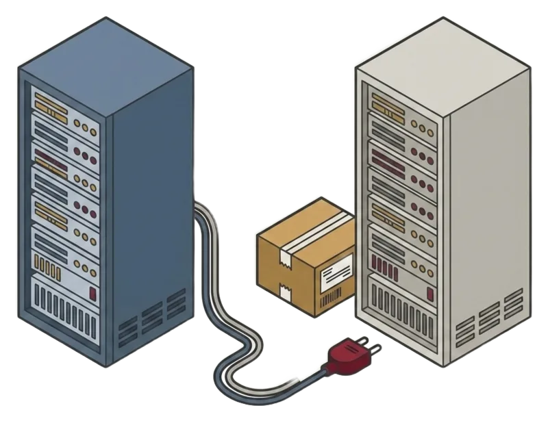 Two server racks with a cable running between them, its plug lying short of the socket, and a small relief crate between