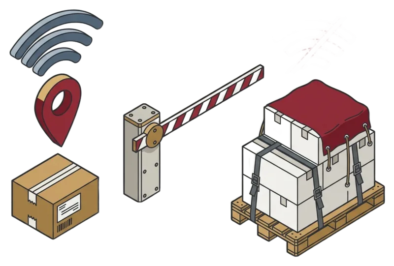 A tracked courier parcel with a location pin and signal above it, a lowered barrier, and a pallet of relief supplies with its signal cut