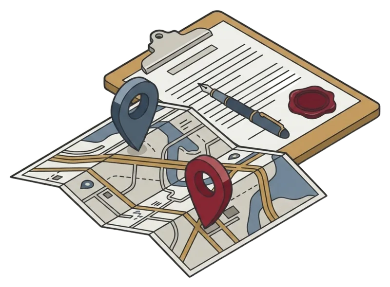 A folded map with two location pins standing on it, lying beside a signed document with a wax seal and a fountain pen