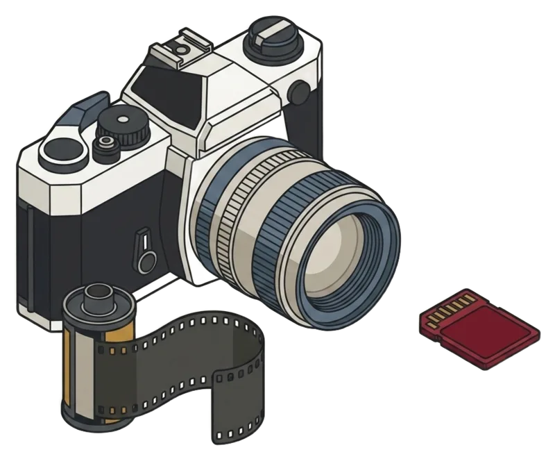A film camera with a spent roll of film unspooled beside it, and a memory card apart from them